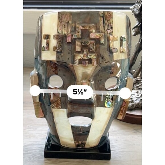 Vintage Mayan Turquoise & Abalone Mosaic Death Mask On‎ Black Stone Base - Picture 13 of 15
